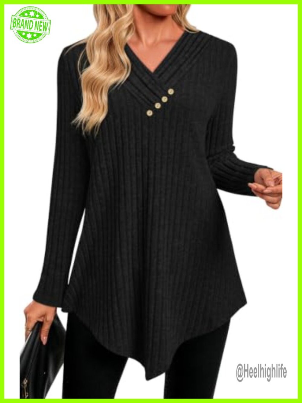 Womens V Neck Tunic Top Long Sleeve Ribbed Knit Asymmetrical Hem